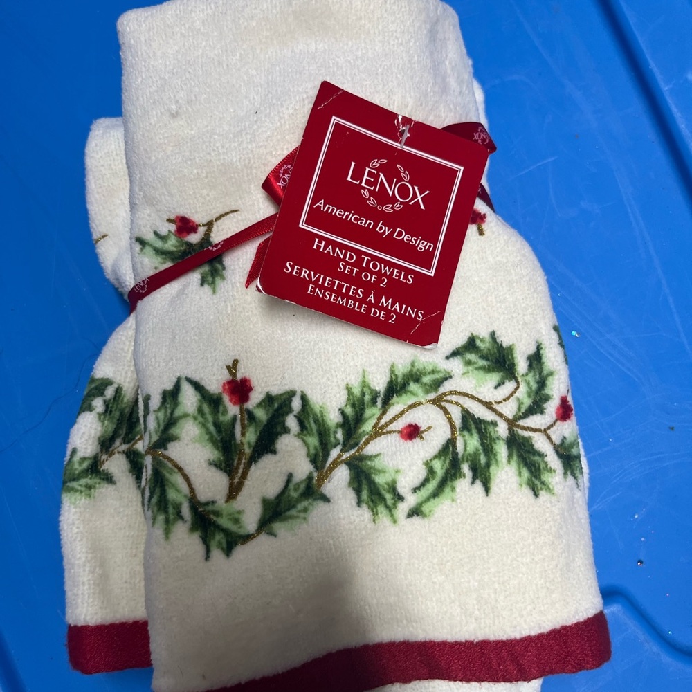 Lenox Festive Holly Hand Towels with Red Trim